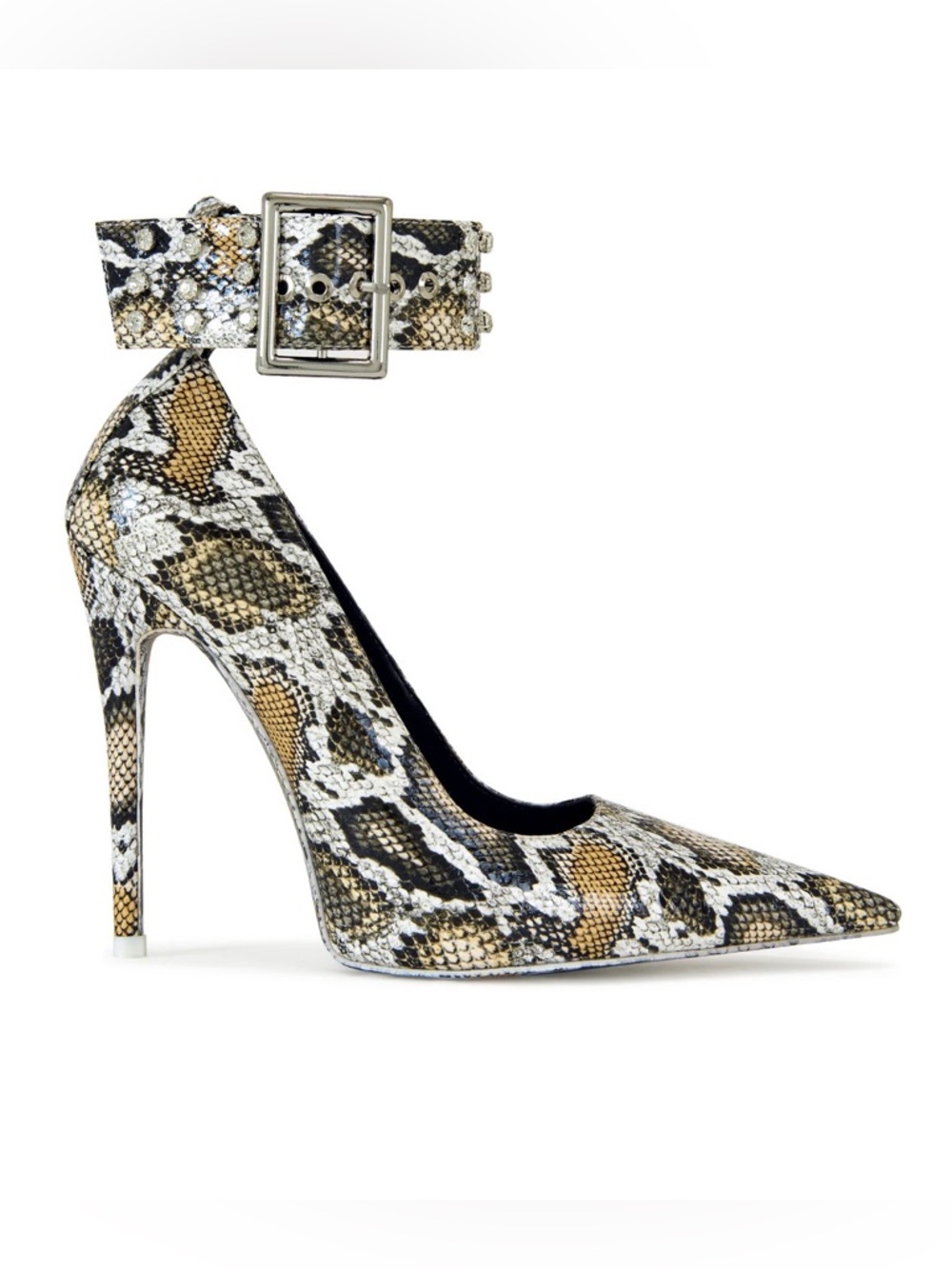 Akira Volney-Snake-Print Ankle-Strap Stiletto